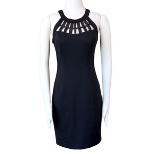 Little black sleeveless dress w/harnessed neckline